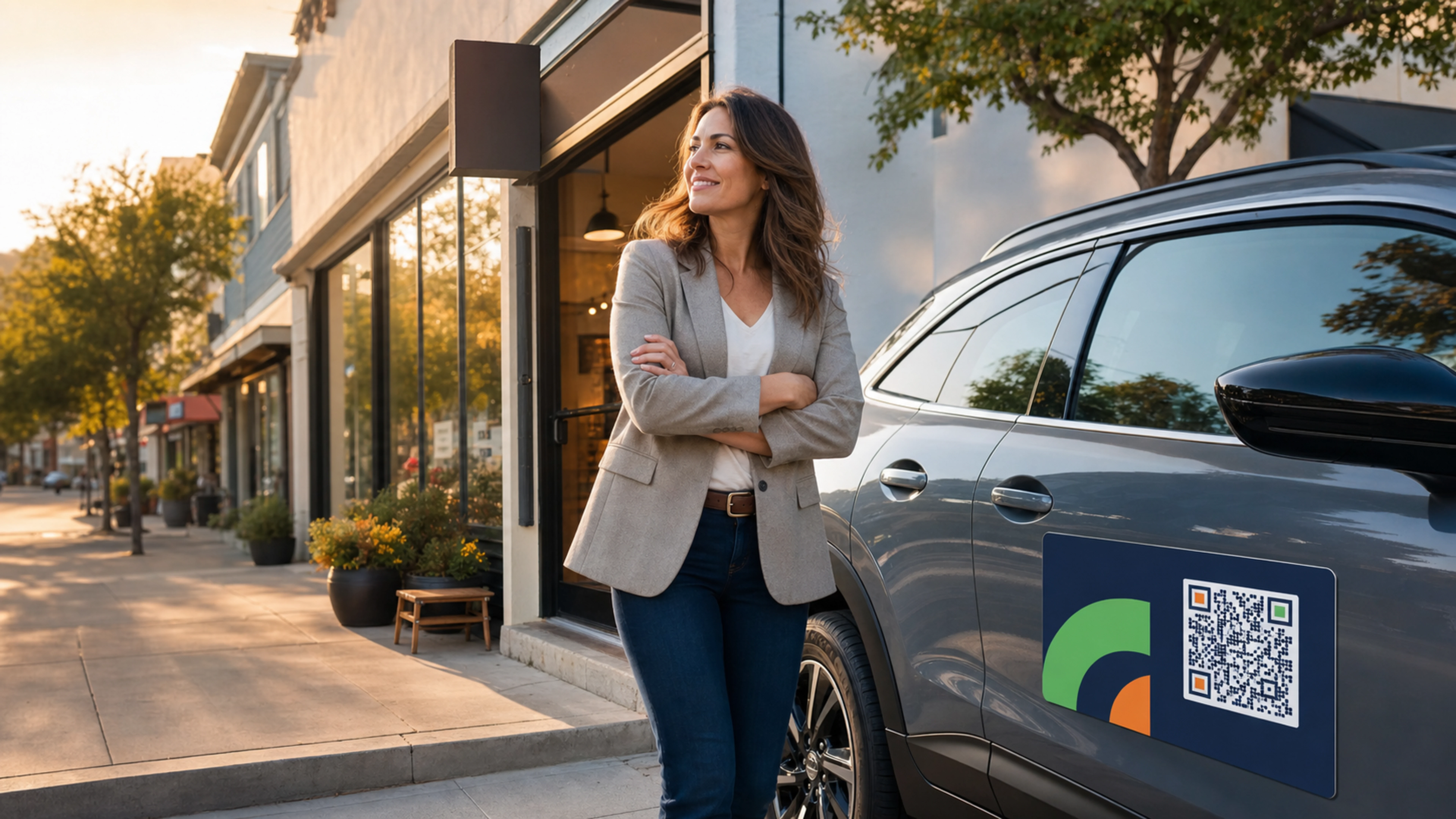 Local business owner beside a campaign vehicle with a QR magnet
